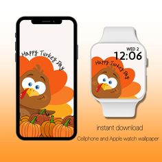 an image of a phone with a thanksgiving turkey on the screen and happy turkey on the watch face