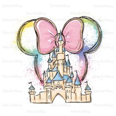 a drawing of a castle with a large pink bow on it's head and two balloons