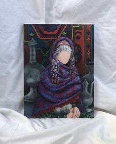 a painting of a woman wearing a purple shawl sitting in front of two vases