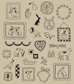 a collection of stamps with animals and birds on them, all drawn in black ink