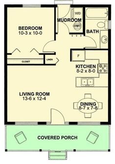 the floor plan for a small house with two bedroom and living room, including an attached bathroom