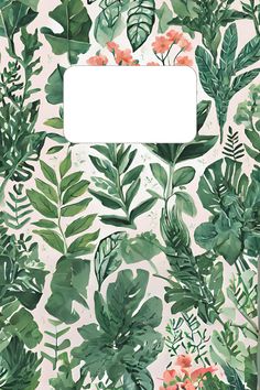 a green and pink wallpaper with lots of leaves, flowers and plants on it