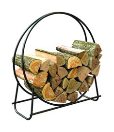 a stack of logs sitting on top of a metal stand