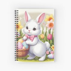 a white bunny with an easter basket and flowers on the side spiral notebook journal cover