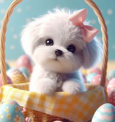 a small white dog sitting in a basket with easter eggs around it and wearing a pink bow