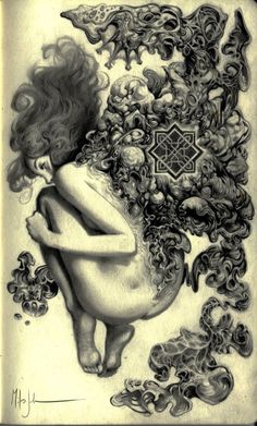 a drawing of a naked woman surrounded by skulls and other things in the air with her back turned to the camera