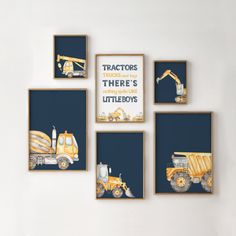 there are four framed pictures on the wall with construction trucks and tractors in them,