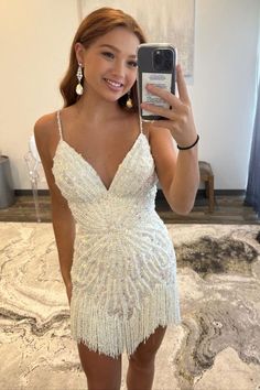 Modsele this white fully beaded cocktail dress features V-neckline, lace-up back and fringe at the hemline.#hoco2023#homecomingdresses#formaldresses#homecoming#schooleventdress#holidaydress#graduationdress#cocktaildress Prom Dress Mini, Mini Homecoming Dress, Sequin Homecoming Dress, Mini Homecoming Dresses, Blue Homecoming Dresses, White Bodycon, Short Homecoming Dress, Short Prom Dress, Sequin Shorts