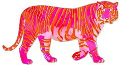 a pink and orange tiger standing on top of a white background