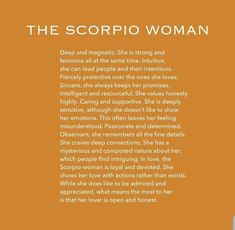 the scorpio woman is written in white on an orange background