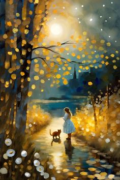 a painting of a girl and her dog walking down a path in the woods at night