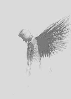 a drawing of an angel with long hair flying through the air on a foggy day