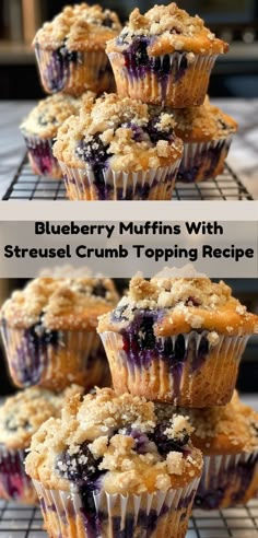 blueberry muffins with streusel crumb topping on a cooling rack