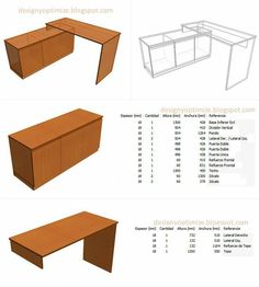 three different types of office desks with drawers and shelves on each side, all in various shapes and sizes