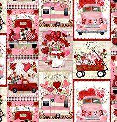 a patchwork quilt with hearts, trucks and flowers in pinks on the front