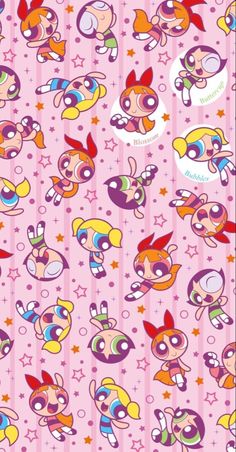 the powerpuff girls wallpaper is pink and has many cartoon characters on it