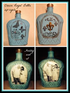 three different pictures of an old bottle with the same image on it as well as another photo