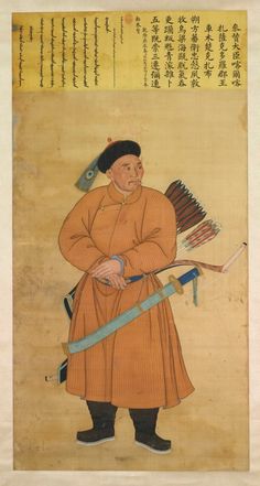 an old painting of a man with two swords in one hand and a fan in the other