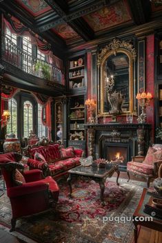 a living room filled with furniture and a fire place in the middle of it's walls