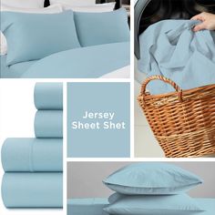 blue sheets and pillows in a basket next to an image of a laundry machine with the words jersey sheet shet