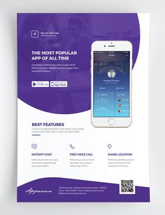 a purple and white flyer for an app