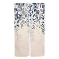 two white curtains with blue leaves on them