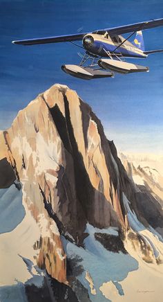 a painting of an airplane flying over the top of a mountain with snow on it