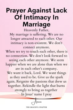 a poem written in black and white on a pink background with the words prayer against lack of intimacy in marriage