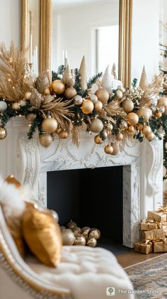 a fireplace decorated for christmas with gold ornaments