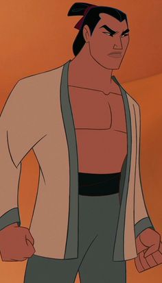 an animated man with no shirt standing in front of a wall