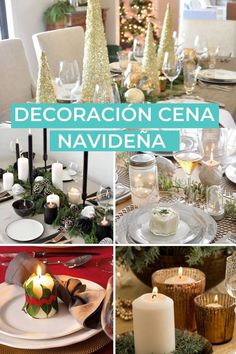 a collage of photos with candles, plates and other items on it in different colors