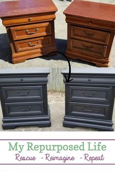 two nightstands that have been repurposed to look like they are being painted