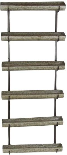 an old wooden shelf with metal bars on the top and bottom, isolated against a white background