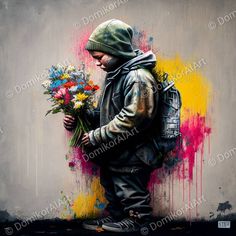 a painting of a man holding flowers in his hand and looking down at the ground