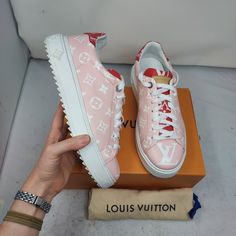 Louis Vuitton Pink Red Lv Time Out Monogram Sneaker Size Eu 41 Us 11 Womens Comes With Box And Dustbag 100% Authentic Color: Pink Red White Louis Vuitton Pink And White Time Out Sneakers Featuring All Over Monogram Print, White Lace Up Closure, Embossed Monogram Flowers At Back, Red And Pink Monogram Tongue And Heel Tab. *Brand New Laces* Low Top White Rubber Bottom Lace Up Materials: Leather Please Note Signs Of Wear On Bottom As Shown. Please Note Faint Mark On Toe As Shown White Louis Vuitton, Louis Vuitton Pink, Pink Monogram, Monogram Prints, Louis Vuitton Shoes, Time Out, Pink And White, Pink Red, Low Top