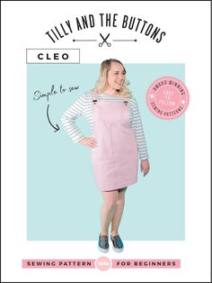 a woman wearing a pink dress and striped shirt, with the sewing pattern below it