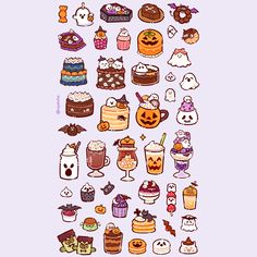 an assortment of halloween themed stickers on a purple background, including pumpkins and cakes