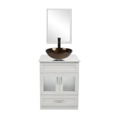 a bathroom vanity with a bowl sink and mirror on the top, against a white background