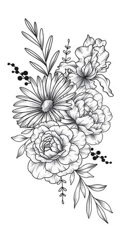 a black and white drawing of flowers with leaves on the bottom half of each flower