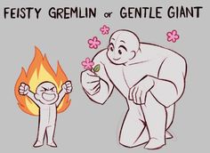 a drawing of a cartoon character holding a flower in front of a fire with the caption festy gremlin or gentle giant