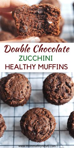 double chocolate zucchini healthy muffins on a cooling rack with text overlay