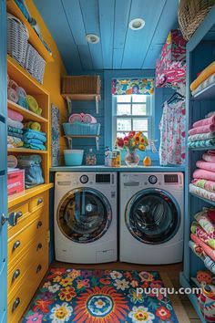 a washer and dryer in a small room with colorful rugs on the floor