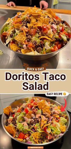 a large bowl filled with taco salad next to another bowl full of tortilla chips