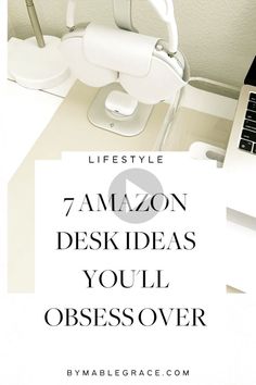 an office desk with a laptop and computer on it, the text reads 7 amazon desk ideas you'll obsesover