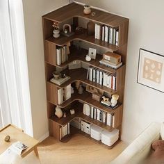 a bookshelf in the corner of a living room