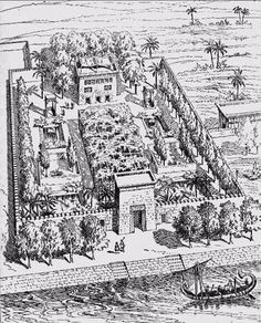 an old drawing of a city with many buildings and boats in the water, surrounded by palm trees