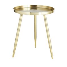 a gold side table with two legs and a round tray on the top that is shaped like a tripod