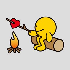 an image of a cartoon character holding a heart on a stick next to a campfire