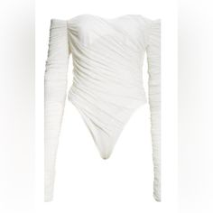 Highlights White Mesh Design Ruched Bodice Off-Shoulder Long Sleeves Partial Lining Press-Stud Fastening Concealed Side Zip Fastening Lining: Cotton 95%, Spandex/Elastane 5% Outer: Polyamide 94%, Spandex/Elastane 6% New Without Tags. Retails For $810 Mugler White, Highlights White, Cute White Tops, Mesh Bodysuit, Ruched Bodice, White Mesh, Mesh Design, White Tops, Side Zip