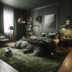 a bedroom with dark green walls and wooden flooring is lit by two lamps on either side of the bed